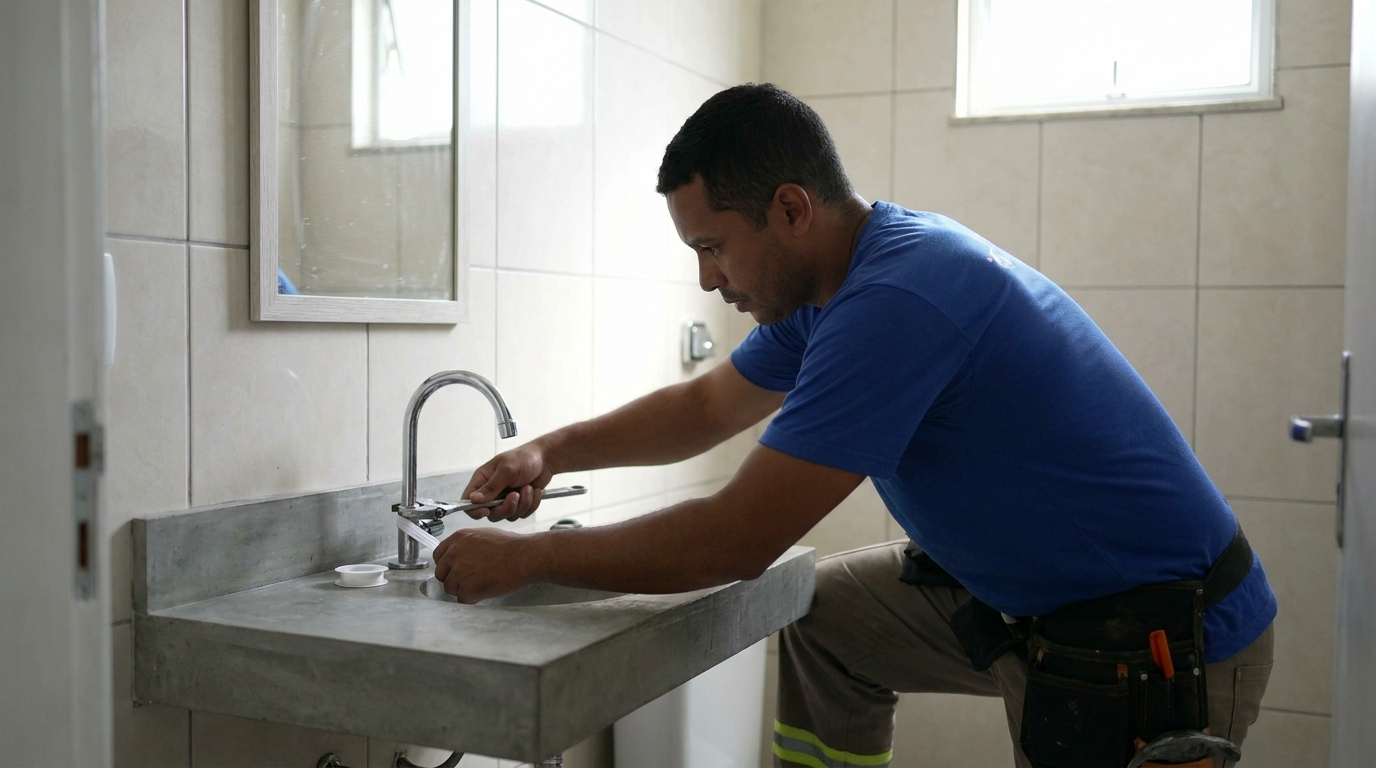 Encanador instalando torneira em Piracicaba‑SP