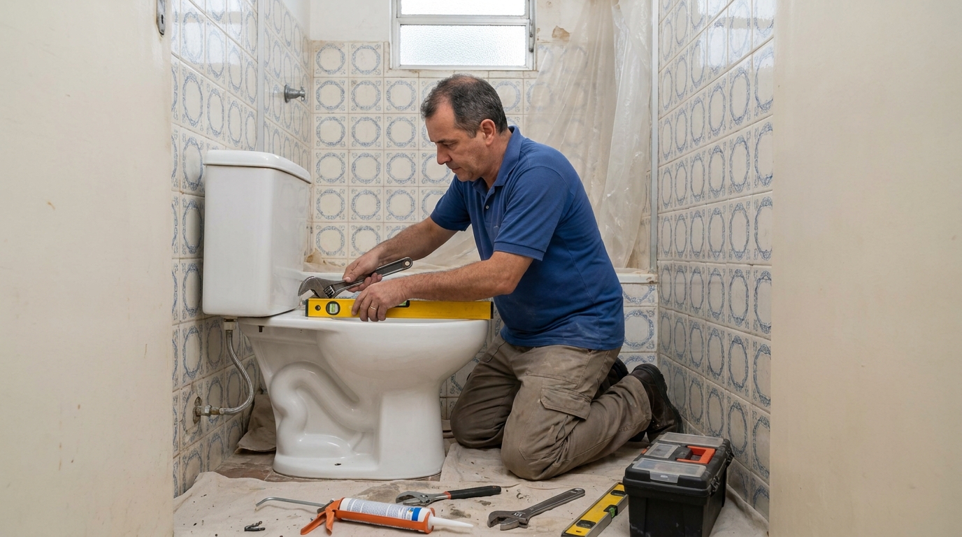 Técnico instalando vaso sanitário em Piracicaba‑SP
